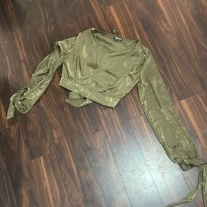 Dark Green Long Sleeve V-Neck Top